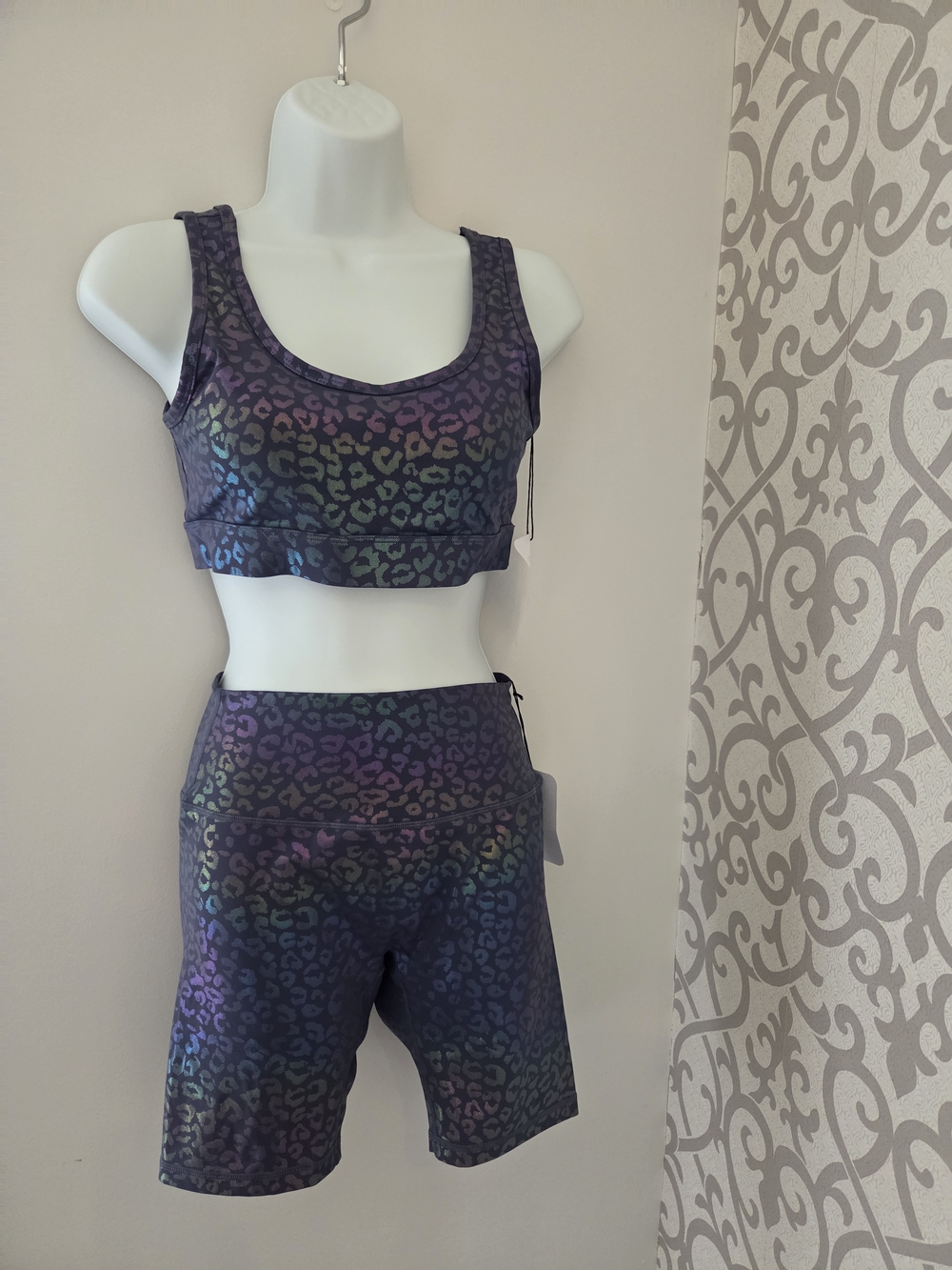 ZYIA Iridescent Leopard-Print Sports Bra & High-Waist Shorts - Purple/Blue/Green